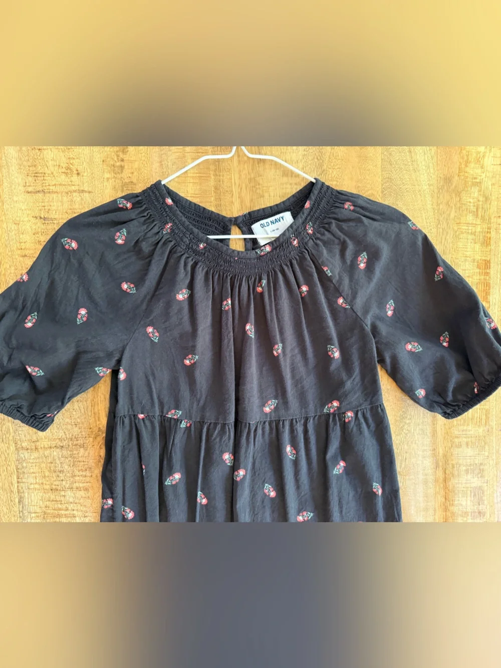 Old Navy Girls Large 10-12 Black Floral Tiered Dress Puff Sleeve